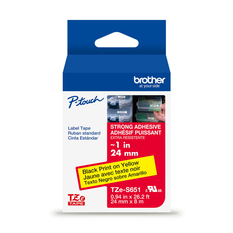 [Australia - AusPower] - Brother Genuine P-Touch TZe Black Print on Yellow Label Tape (TZeS651), Strong Adhesive Laminated,1in x 26.2ft (24mm x 8m), for Select P-Touch Label Makers, Water-Resistant, Extra Strength Extra Strength Laminated Label Tape New Packaging Black on Yellow 