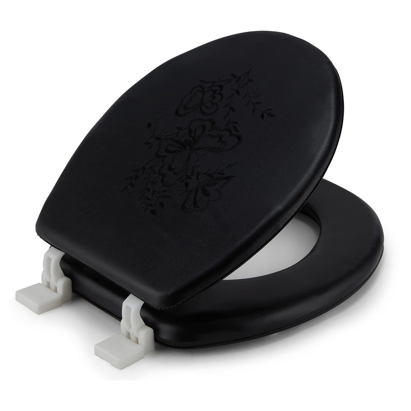 J&V Textiles Embroidered Soft Round Toilet Seat With Easy Clean & Change Hinge, Padded (Black) Black