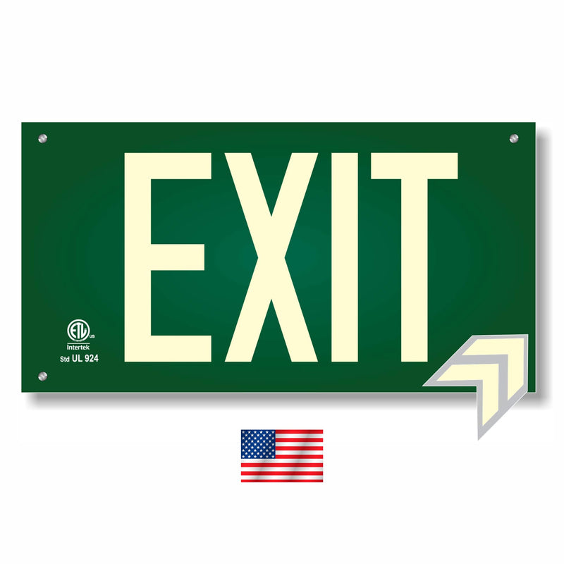 Photoluminescent Exit Sign Green W/Holes and Hardware - UL 924 Code Approved Aluminum/IBC/NFPA 101 (Directional Arrows Included)
