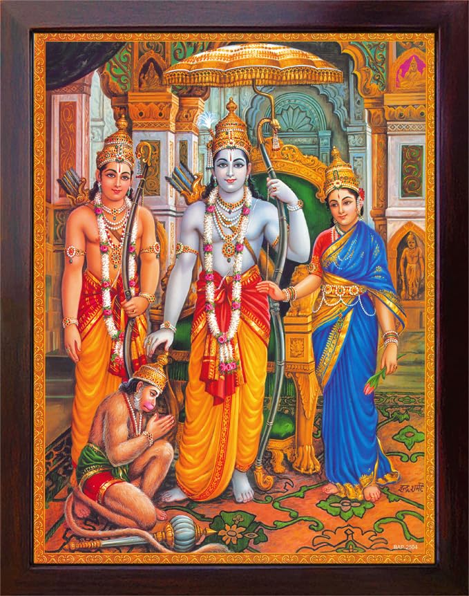 SANVIKA Hanuman Showing His Humbleness in Ram Darbar and Mata Sita Giving Blessings. A Holy Religious Poster Painting with Frame for Hindu Worship Purpose (COL1) COL1