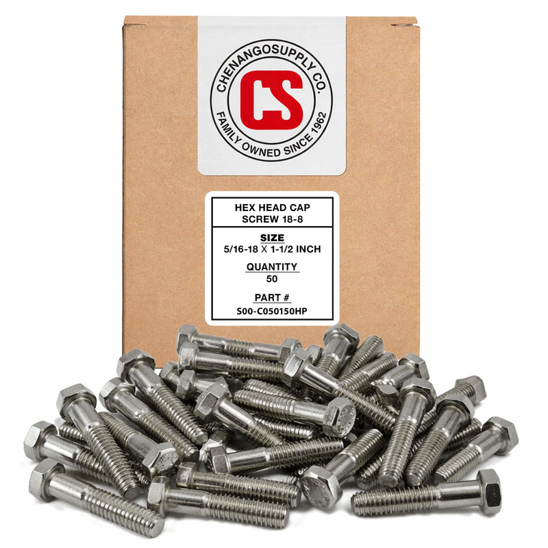 Chenango Supply 5/16-18 x 1-1/2 Stainless Steel Hex Head Bolts – 304 Stainless, USS Coarse Thread, 100,000–125,000 PSI Tensile Strength, Corrosion-Resistant Hardware Bolts, (50 Pieces, 5/16-18 x 1.5) 5/16-18 x 1-1/2 Inch