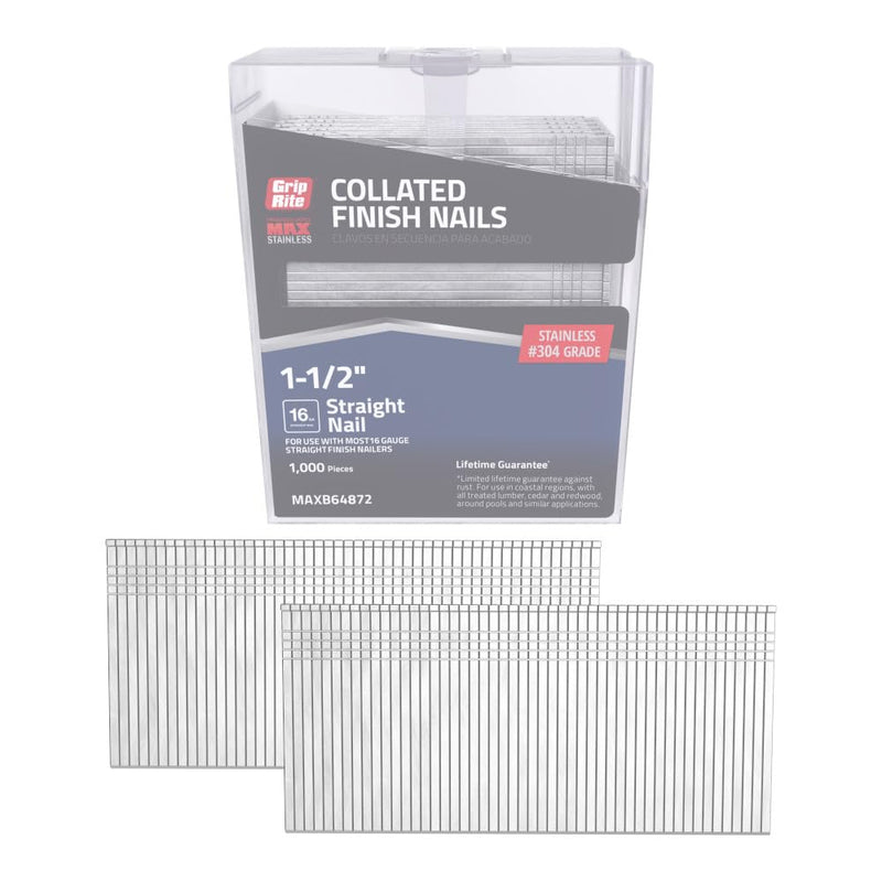 Grip-Rite 16-Gauge Electro - 304 Stainless Steel Straight Finish Nails - Collated Fastener - Steel Nails for Trim Finishing and Fine Carpentry - 1-1/2" - 1000 Count - MAXB64872