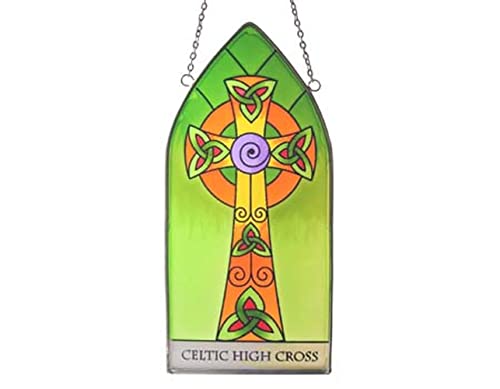 Royal Tara Stained Glass Window Hang Irish Suncatcher with High Cross and Celtic Knots Design