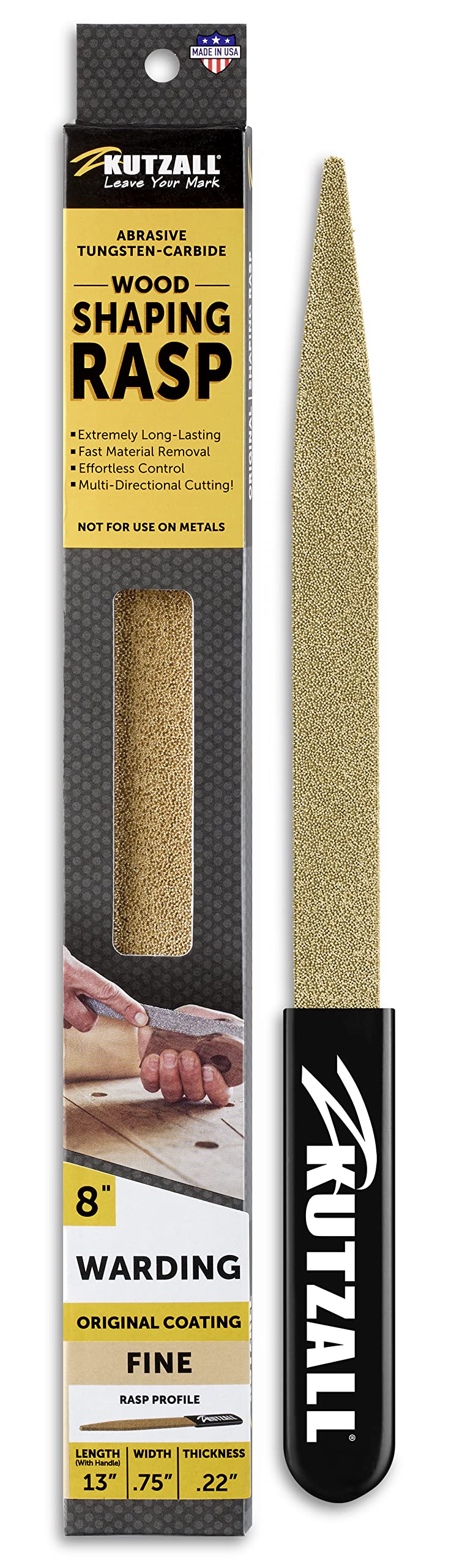 Kutzall Original 8" Warding Hand Rasp - Fine, Wood Rasp/File Used for Woodworking & Shaping, W/Ergonomic Soft Grip Handle, Abrasive Tungsten Carbide Coating - 13" (330.2mm) Overall Length - WD8170 Warding - Fine 8" (203.2mm) Length