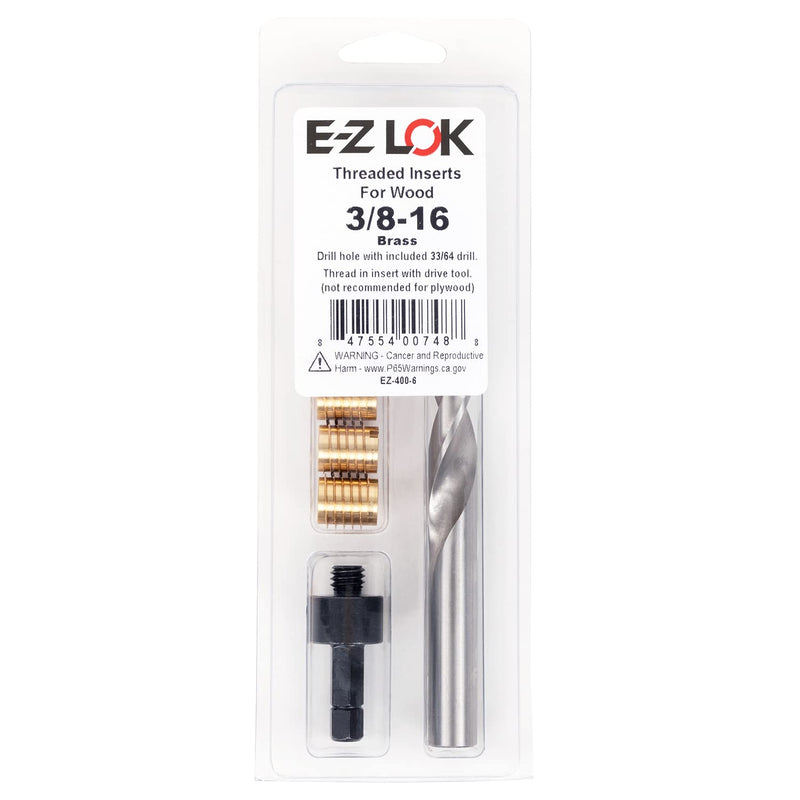 E-Z LOK 400-6 Threaded Inserts for Wood, Installation Kit, Brass, Includes 3/8-16 Knife Thread Inserts (5), Drill, Installation Tool 3/8-16 (5 Count)