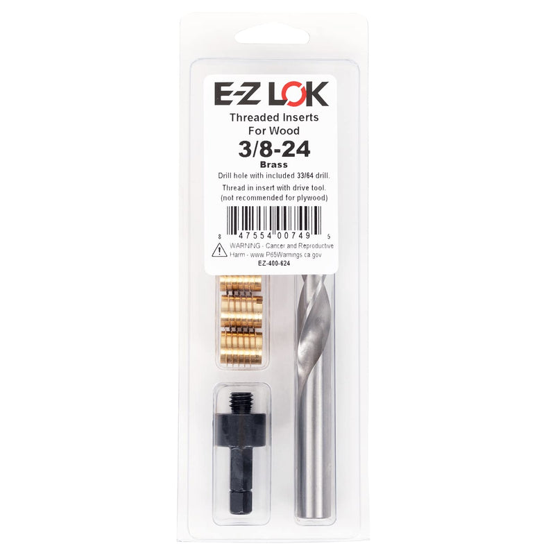 E-Z LOK 400-624 Threaded Inserts for Wood, Installation Kit, Brass, Includes 3/8-24 Knife Thread Inserts (5), Drill, Installation Tool 3/8-24 (5 Count)