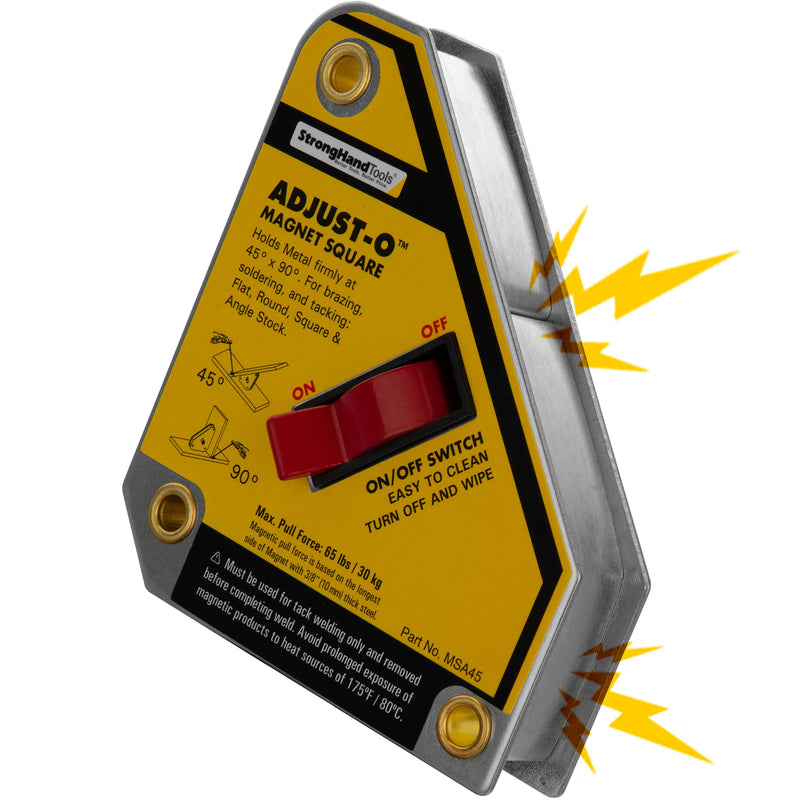 Strong Hand Tools Adjust-O Magnetic Square, On/Off Switch, Max Pull Force: 65 lbs (30kg), 45° & 90° Angle, 4-3/8 x 3-3/4 x 1″, Patented Design, MSA45, Strong Hand Tools