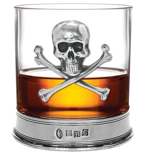 English Pewter Company 11 Ounce Old Fashioned Whisky Rum Rocks Glass With Stunning Pewter Skull and Cross Bones [TUM07]
