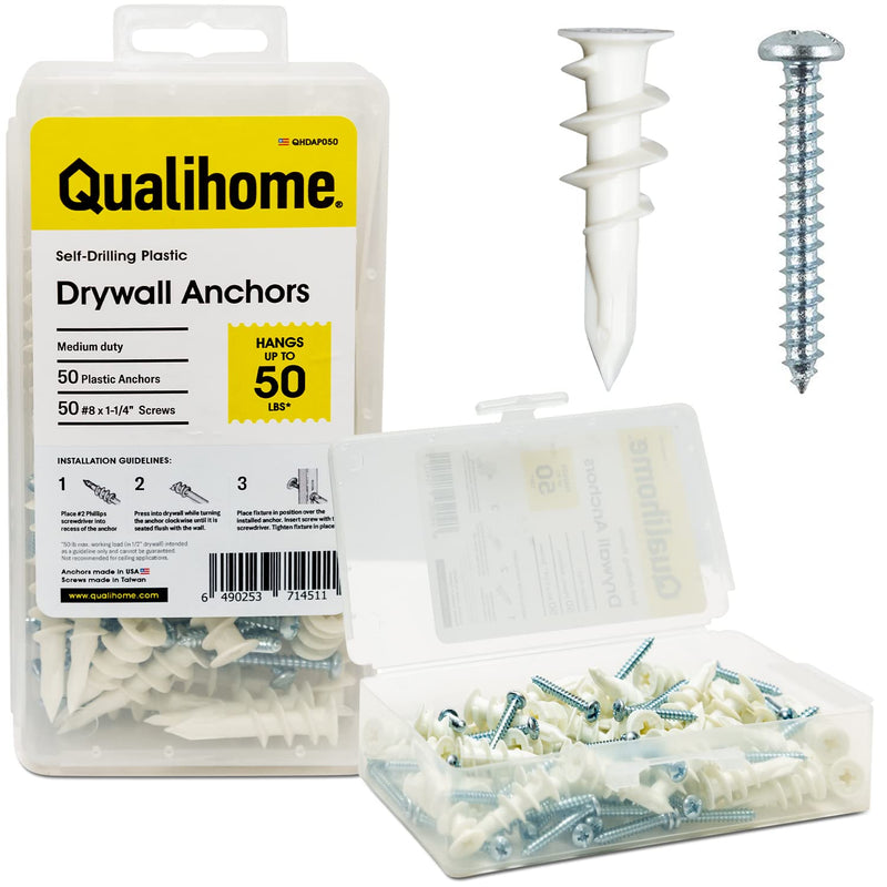 [Australia - AusPower] - Qualihome Heavy Duty Plastic Self Drilling Drywall Anchors and Screws Kit | Includes 50 Drywall Anchors, 50#8 1-1/4 Inch Screws & Reusable Storage Case 50 Pack 