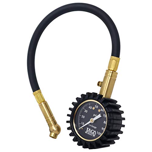 JACO ElitePro 100 PSI tire pressure gauge with analog dial and flexible hose