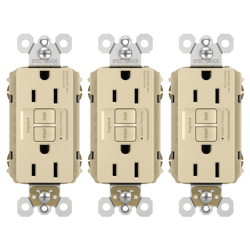 Legrand Radiant 15 Amp GFCI Self-Test Decorator Duplex Electrical Wall Outlet, Power Outlet with Trip Indicator, 1597LACCD12, Ivory, 3 Pack