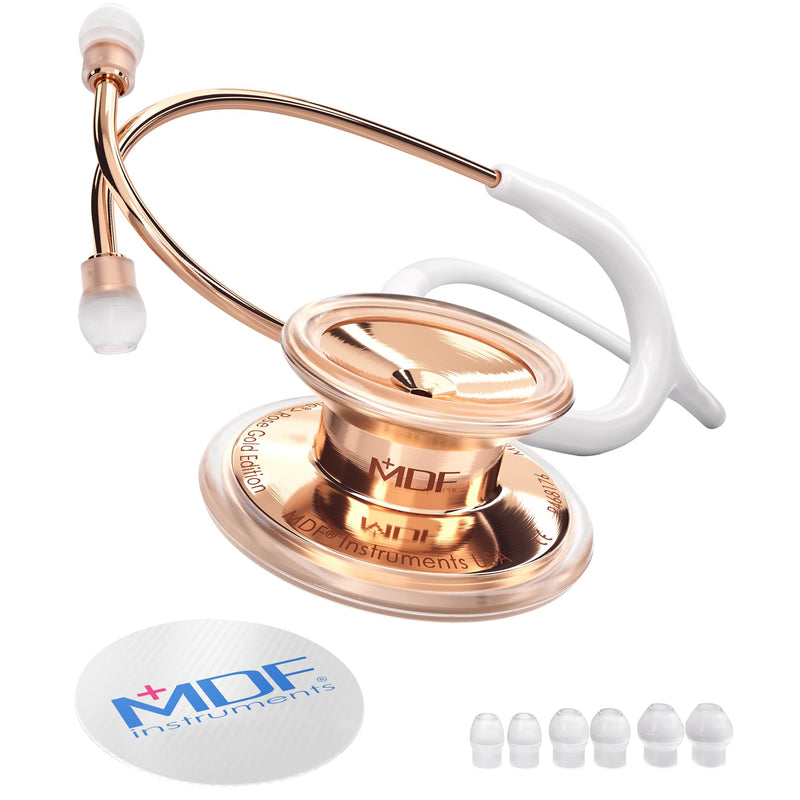 MDF Instruments, Rosegold MD One Stainless Steel Stethoscope, Adult, White Tube, Rosegold Chestpieces-Headset, MDF777RG29 Stainless Steel Rose Gold - White