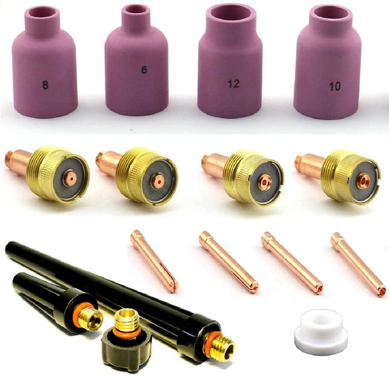 WeldingCity TIG Welding Torch Accessory Kit (.040"-1/16"-3/32"-1/8") Collet-LARGE Gas Lens-Ceramic Cup-Gasket-Back Cap for Torch 17, 18 and 26 Weldcraft Miller Lincoln Hobart ESAB AHP (T7) 16-pcs (.040"-1/16"-3/32"-1/8")