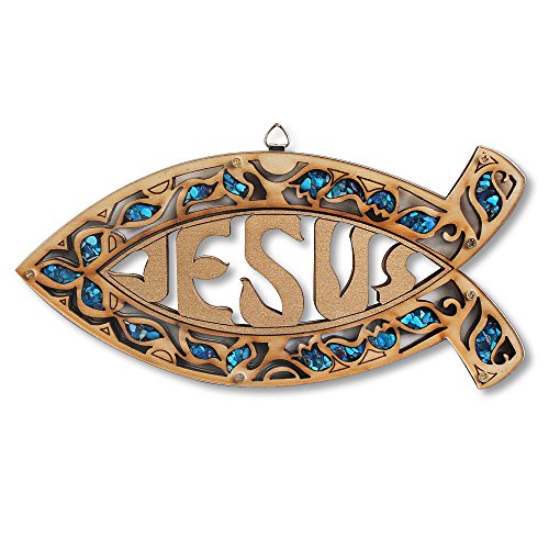 Christian Ichthys Fish Wall Plaque – Natural Wood with Turquoise Stone Chips & “Jesus” Center Design – Religious Christian Home Décor, Ready to Hang, 8” x 4”