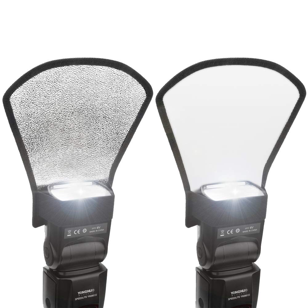 [Australia - AusPower] - 2 Pack Flash Diffuser Reflector - 2-Sided White/Silver Bend Bounce Flash Reflector Kit with Elastic Strap for Canon, Nikon, Sony, Fuji and All Speedlight Flashes 