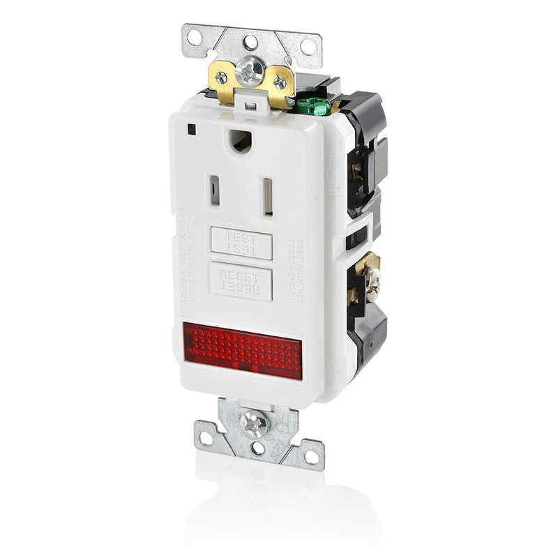 Leviton 15A-125V Extra-Heavy Duty Industrial Grade Pilot Light Tamper-Resistant Self-Test GFCI Receptacle, GFPL1-PLW, White