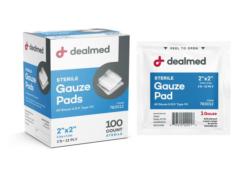 [Australia - AusPower] - Dealmed Sterile Gauze Pads  100 Count, 2 x 2 Disposable and Individually Wrapped Gauze Pads, Wound Care Product for First Aid Kit and Medical Facilities 2x2 Inch (Pack of 100) 