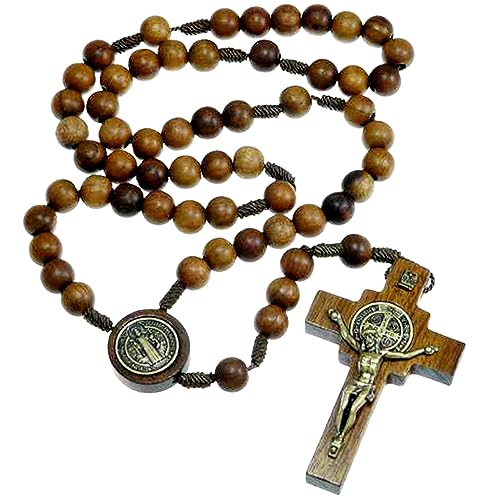 Alexander Castle Our Father Solid Wooden Rosary Beads (Handmade - Brazilian Walnut) with St Benedict Junction - Comes in Velour Gift Pouch