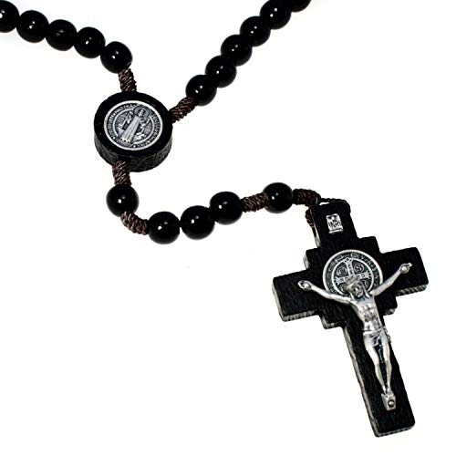 Alexander Castle Our Father Solid Wooden Rosary Beads (Handmade - Brazilian Walnut) with St Benedict Junction - Comes in Velour Gift Pouch (Black)