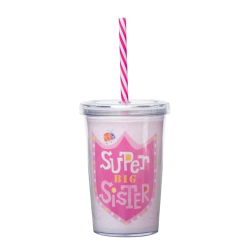 C.R. Gibson Insulated Drink Tumblers - Super Kids Double Walled Acrylic Tumbler with Lid & Straw, 10-Ounce, Pink - Big Sister 10 Ounces