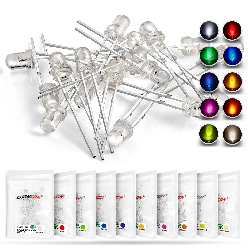 CHANZON 100pcs (10 Colors x 10pcs) 3mm LED Diode Lights Assortment (Clear Transparent Lens) Emitting Lighting Bulb Lamp Assorted Kit Variety Colour Warm White Red Yellow Green Blue Orange UV Pink A) 10 Colors X 10pcs = 100pcs