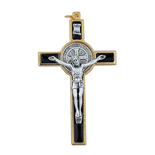 Vatican Imports St. Benedict Crucifix with Round St. Benedict Medal Inlay | 3" Gold-Tone and Black Enamel Cross with Cord and Booklet | Patron Saint of Students and Europe | Made in Italy