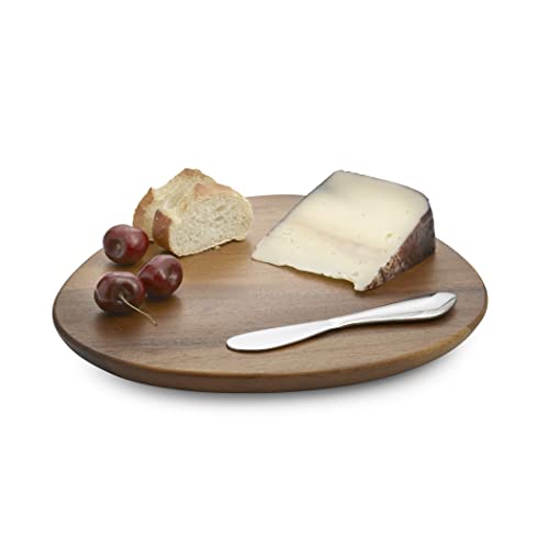 Nambé Xeno Cheese Board with Spreader, Acacia Wood & Stainless Steel Serving Set for Cheese & Charcuterie & Crackers, 10.5 inch Board & 7.5 inch Spreader, Modern Dining & Entertaining Essential