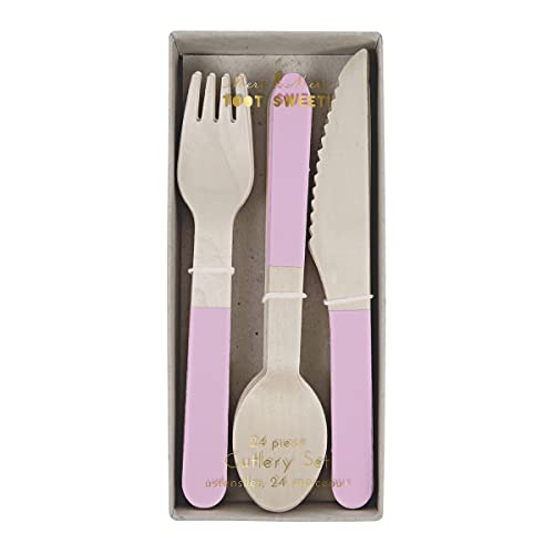 Meri Meri pink wooden cutlery set with forks and spoons, eco-friendly flatware set for parties and gatherings.