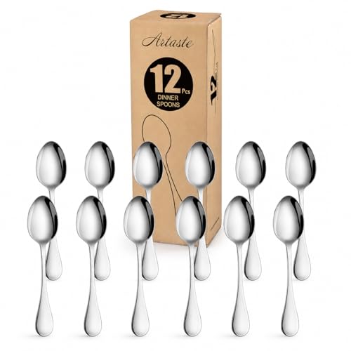 Set of 12 Artaste Rain dinner soup spoons in silver, 7.5 inches, featuring a sleek, modern design for elegant table settings.