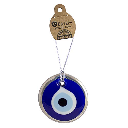 Silver Gilt Handmade Evil Eye Turkish Greek Glass Charm Decorative Ornament for Good Luck, Success and Protection (2.7 inches) 2.7 inches
