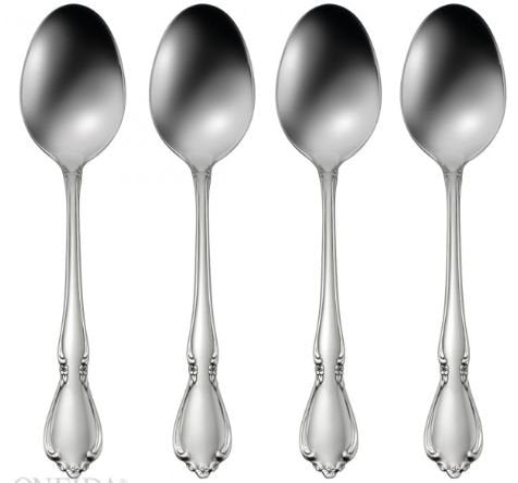 Set of four Oneida Chateau dinner soup spoons with polished stainless steel handles and rounded bowls, perfect for elegant dining.