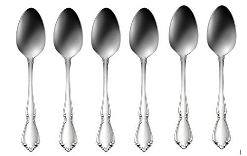 Set of 6 Oneida Chateau stainless steel teaspoons with polished 18/8 finish, featuring a classic design for daily use.