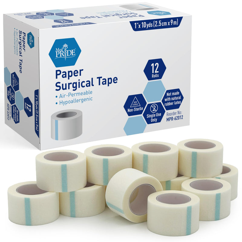 [Australia - AusPower] - MED Pride Paper Surgical Tape 1" x 10 Yards for Wound Dressing [Pack of 12] - Latex-Free & Hypoallergenic Medical Tape Suitable for Sensitive Skin- Hospital-Grade, Breathable Wound Care Paper Tape 
