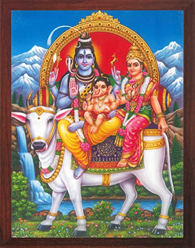 Shiva Parvati Ganesha Nandi Om Framed Indian Wall Art Shiva Parivar with Nandi in Himalaya