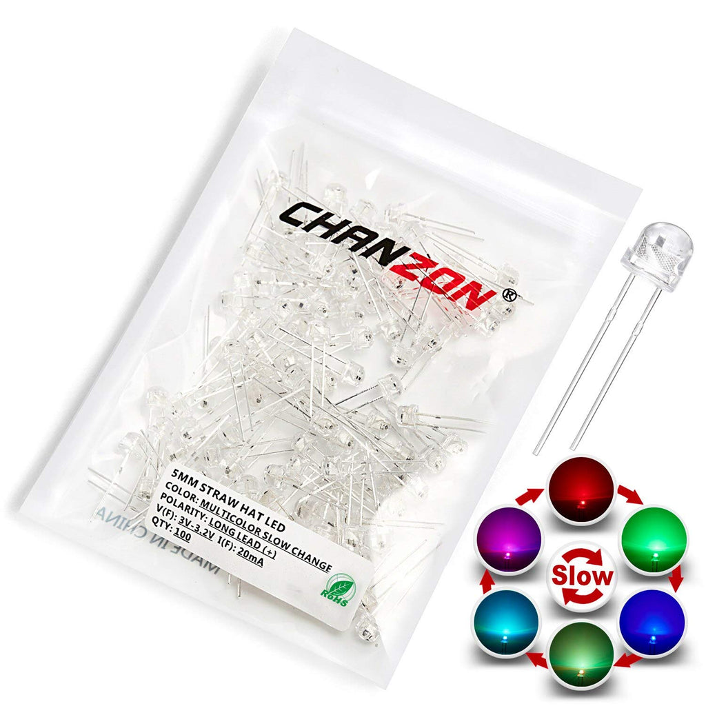 Chanzon 100 pcs 5mm RGB Multicolor Slow Blinking (Multi Color Changing) Straw Hat LED Diode Lights (Clear Transparent Lens) Bright Lighting Bulb Lamps Electronics Components Light Emitting Diodes K) Slow Flash (100pcs)