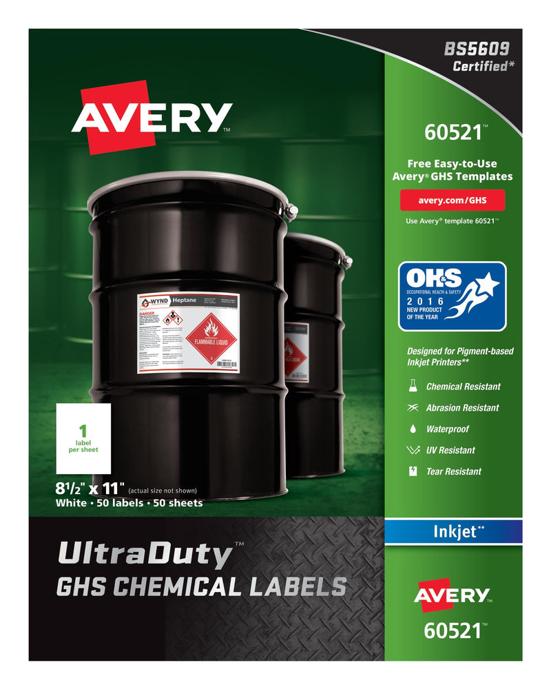 Avery Ultra Duty GHS Chemical Labels for Pigment Inkjet Printers, Waterproof, UV Resistant, 8.5 x 11 (60521) 8-1/2" x 11"