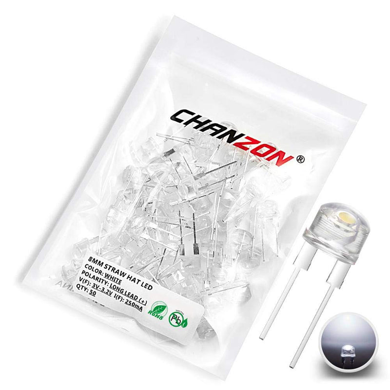 CHANZON 50 pcs 8mm White LED Diode Lights (Straw Hat Clear Transparent DC 3V 250mA) Bright Lighting Bulb Lamps Electronics Components Indicator Light Emitting Diodes A) White (50pcs)