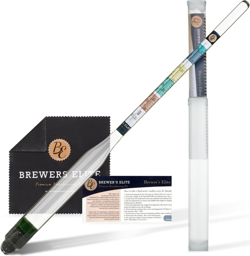 [Australia - AusPower] - Brewer's Elite Hydrometer - for Home Brew Beer, Wine, Mead and Kombucha - Deluxe Triple Scale Set, Hardcase and Cloth - Specific Gravity ABV Tester Hydrometer Set 