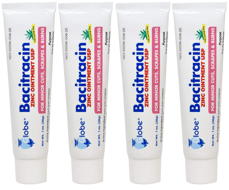 [Australia - AusPower] - (4 Pack) Globe Bacitracin Zinc Ointment + Aloe 1oz, Antibiotic Ointment, Essential Antibiotic First Aid Supplies, Healing Action, Maximum Antibiotic Power, Prevents Infection in cuts, scrapes, Burns 