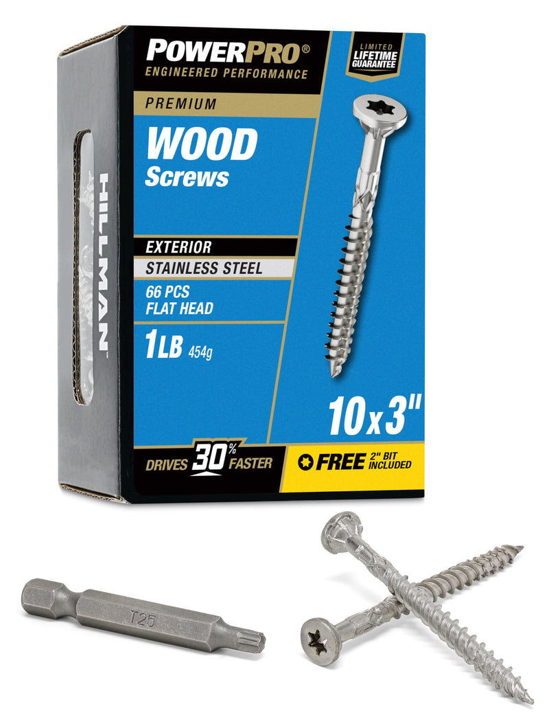 Power Pro Premium Exterior Wood Screws, #10 x 3 Inch All-Purpose Deck Screws for Outdoor Projects, T-25 Star Bit Included, Silver, 66 Pieces | 48623V4 #10 x 3"