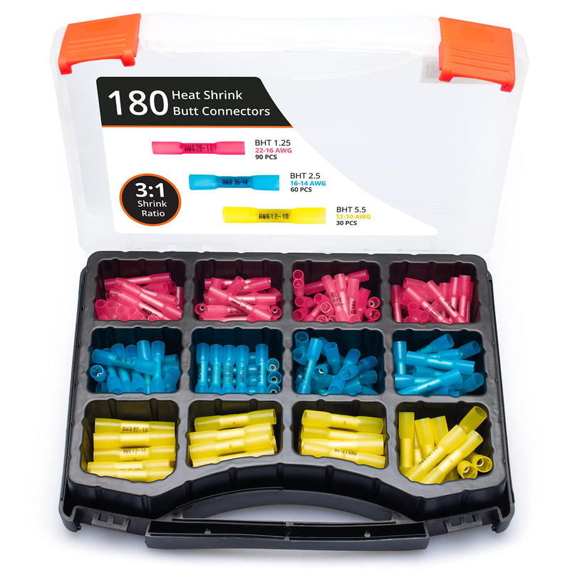 [Australia - AusPower] - Wirefy 180 PCS Heat Shrink Butt Connectors Kit - Marine Grade Wire Butt Splice Connectors - Electrical, Waterproof - 22-10 AWG | Heat Shrink Wire Connectors Kit | Wire Connectors Heat Shrink Butt Connector Kit - 22-10 AWG 
