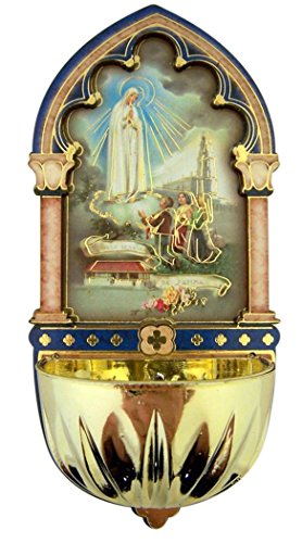 Religious Gifts Our Lady of Fatima Gold Embossed Laser Cut Wood Multi-Dimensional Holy Water Font, 5 Inch