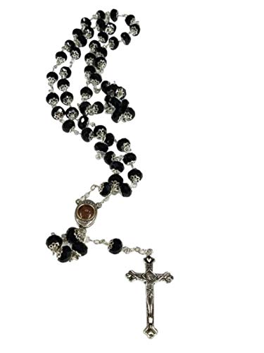Glass Crystal Beads Rosary with Holy Soil Silver Crucifix (Pink, Red, Green, Purple, Light Blue, Dark Blue, Black, Clear, Blue) (Black)
