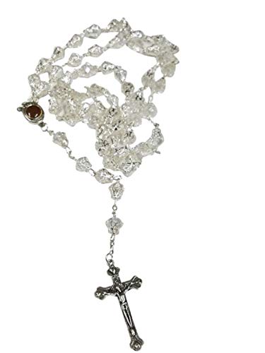 Unique Large Glass Crystal Beads Rosary with Holy Soil Silver Crucifix (Clear) Clear