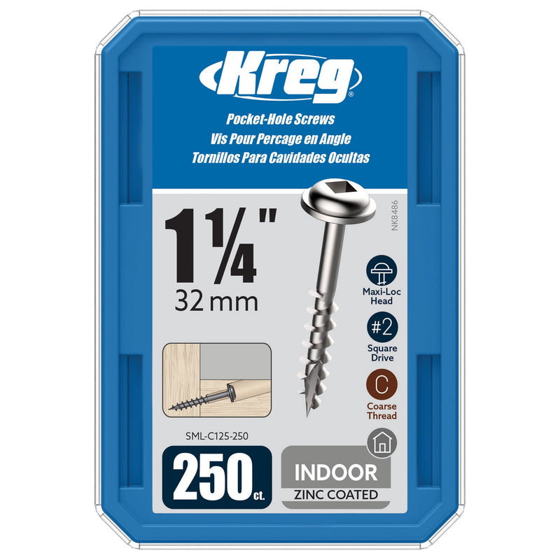 [Australia - AusPower] - Kreg SML-C125-250 Zinc Pocket Screw - 1 1/4 Inch #8 Coarse Thread - Maxi-Loc Head - 250 Count 