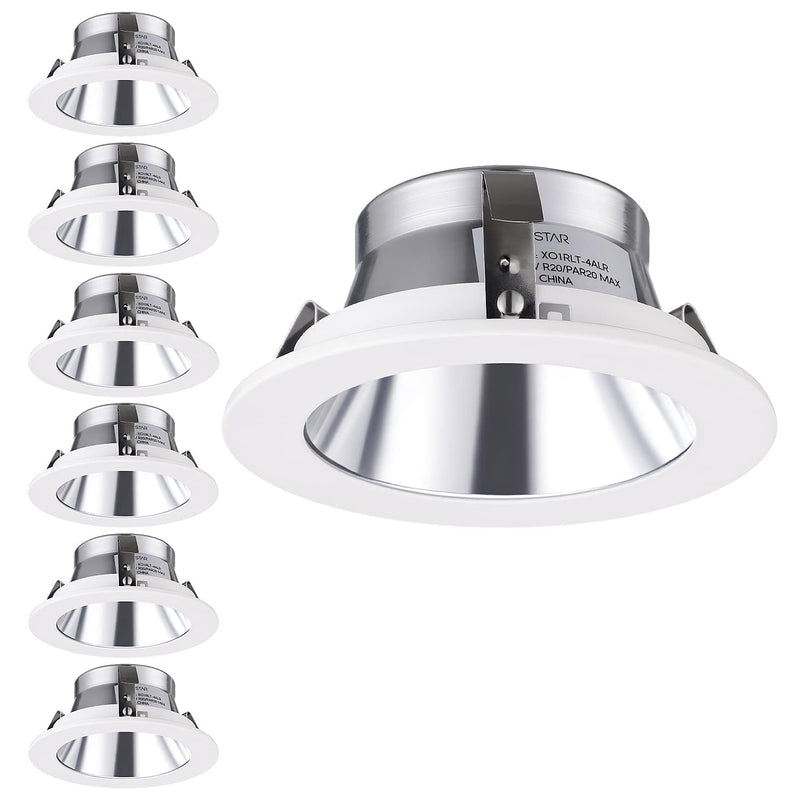TORCHSTAR 4 Inch Brighter Classic Recessed Light Trim, Metal Step Baffle, Fit Halo/Juno Remodel Housing, 4 Inch Can Light Trim for PAR16, PAR20, BR20, Aluminum Reflector, Pack of 6