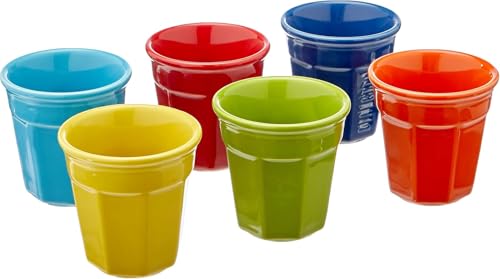 Set of six Bialetti ceramic espresso cups in vibrant orange and multicoloured designs, perfect for serving espresso.