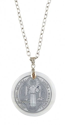 Religious Gifts Saint Benedict Medal Pendant Necklace with Mother of Pearl Accents, Silver Tone, 20 Inch