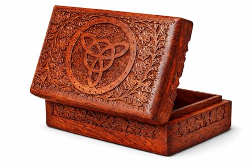 Handmade wooden jewelry and keepsake box with decorative triquetra design, 8x5 inch storage box from The Great Indian Bazaar