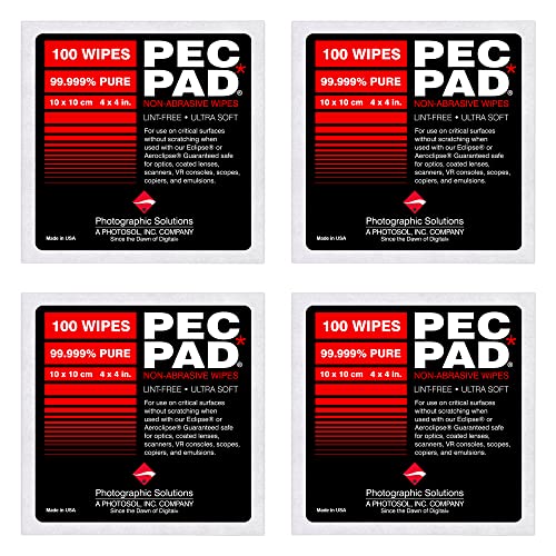 PEC-PAD Lint Free Wipes 4”x4” Non-Abrasive Ultra Soft Cloth for Cleaning Sensitive Surfaces like Camera, Lens, Filters, Film, Scanners, Telescopes, Microscopes, Binoculars. (100 Sheets Per/Pkg) 4-Pack 100 Count (Pack of 4)